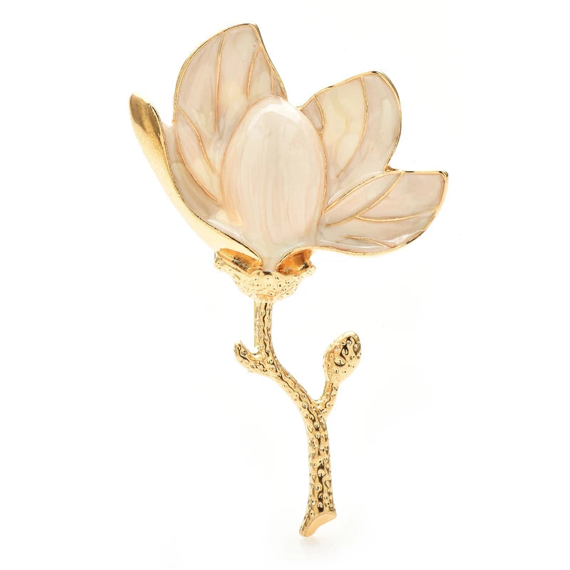 Enamel Magnolia Stem Brooch — Ivory