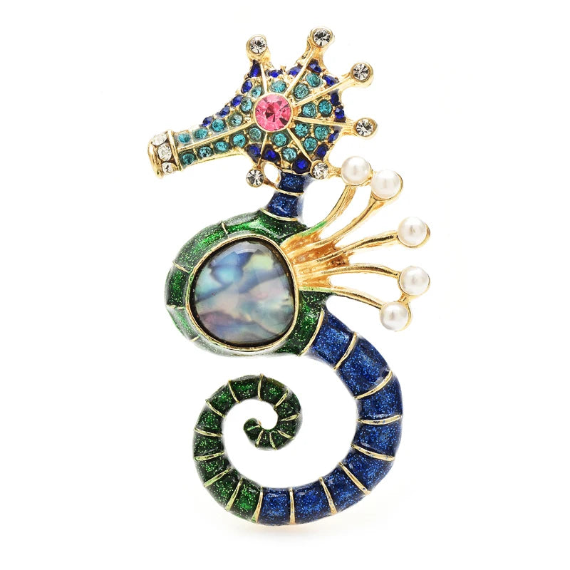 Jeweled Seahorse with Abalone-Look Inset Brooch — Blue & Green