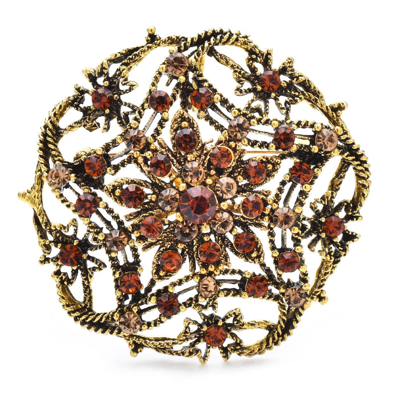 Openwork Star Flower Rhinestone Medallion Brooch — Brown