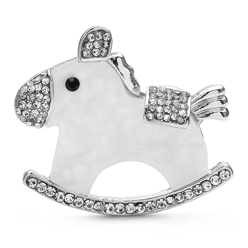 Acrylic Rocking Horse with Rhinestone Trim Brooch — Silver