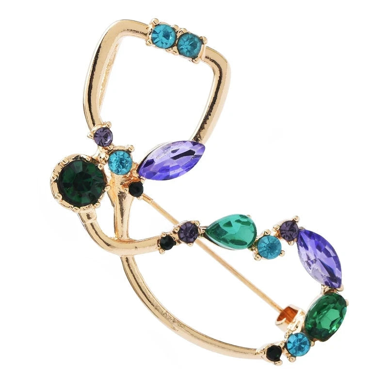 Jeweled Stethoscope with Colorful Stone Accents Brooch — Gold