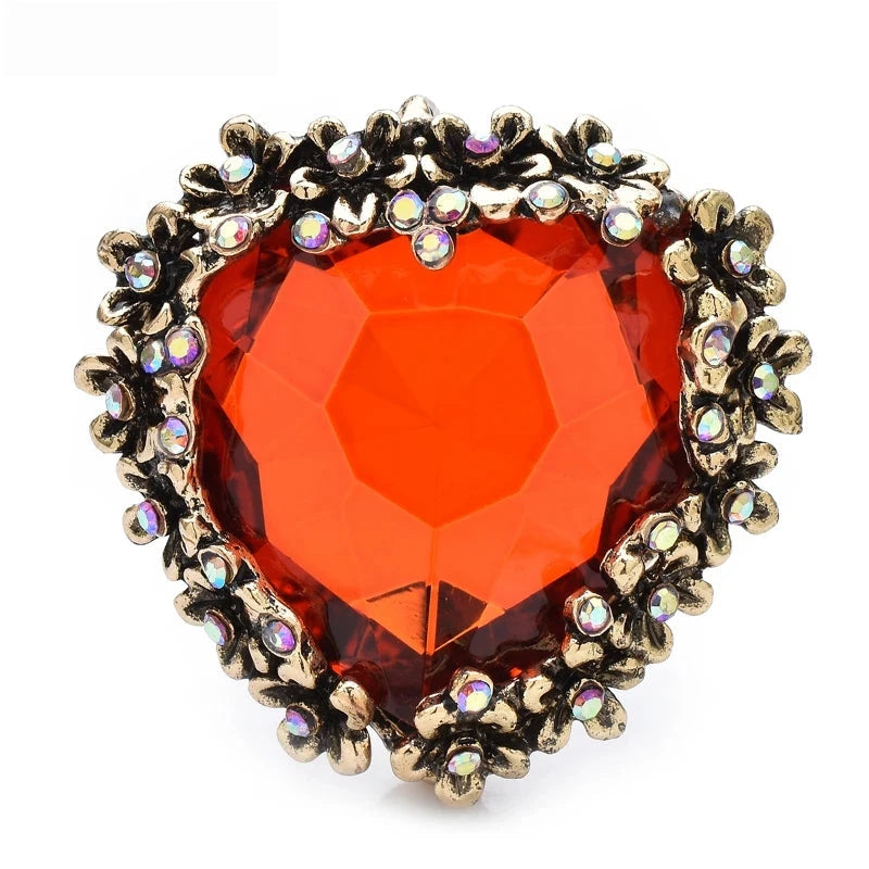 Vintage-Style Faceted Heart with Ornate Floral Border Brooch — Red