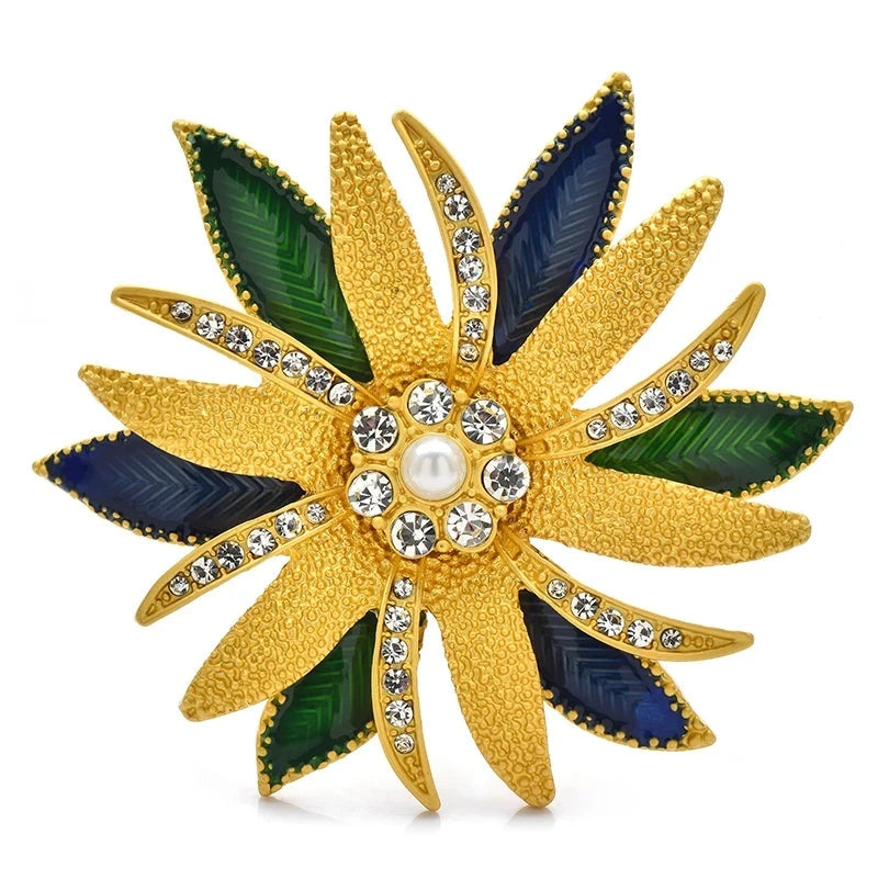 Large Layered Flower with Blue and Green Petals Brooch — Multicolor