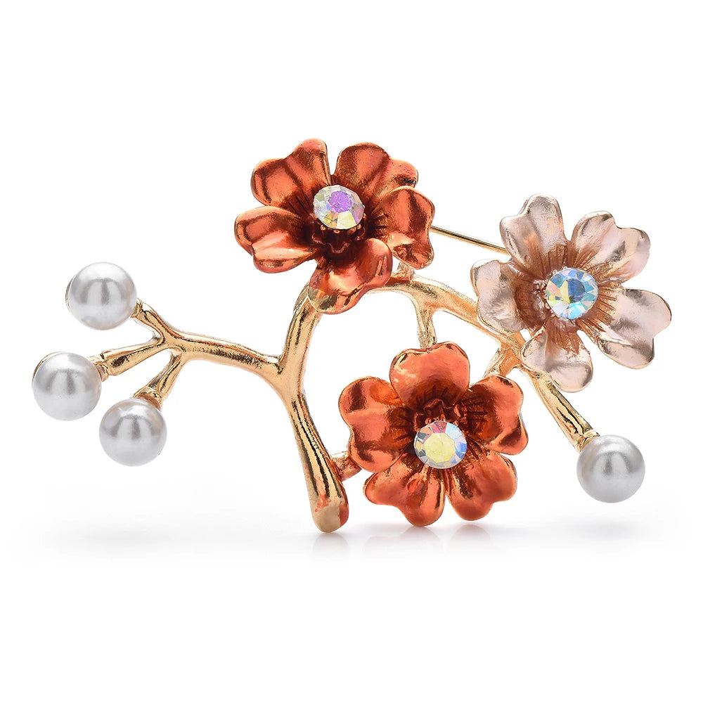 Enamel Plum Blossom Branch with Pearl-Look Buds Brooch — Orange