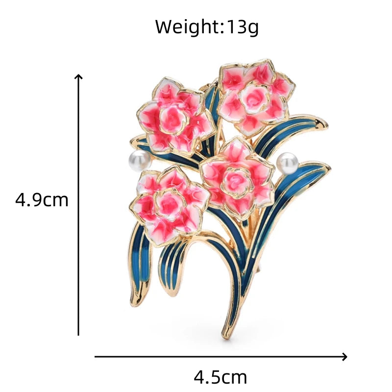 Enamel Peony Flower Spray Brooch — dimensions