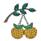 Rhinestone Cherries on Leafy Branch Brooch — Yellow