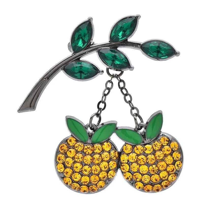 Rhinestone Cherries on Leafy Branch Brooch — Yellow