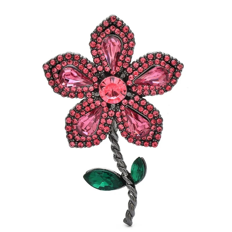 Rhinestone Flower with Green Leaves Brooch — Pink