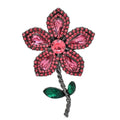 Rhinestone Flower with Green Leaves Brooch — Pink