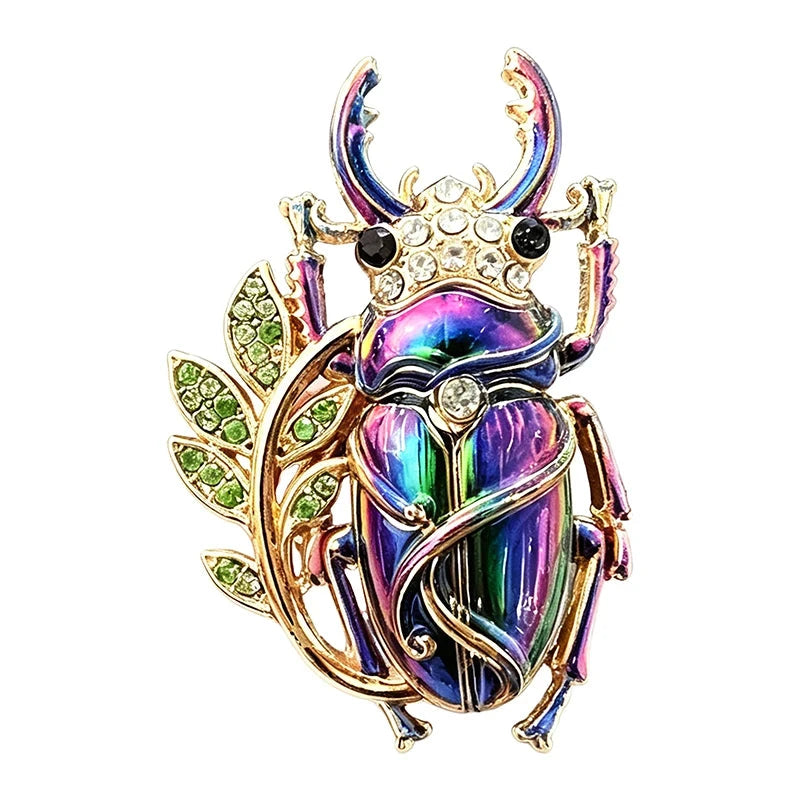 Jeweled Stag Beetle with Leaf Vine Brooch original white background product photo