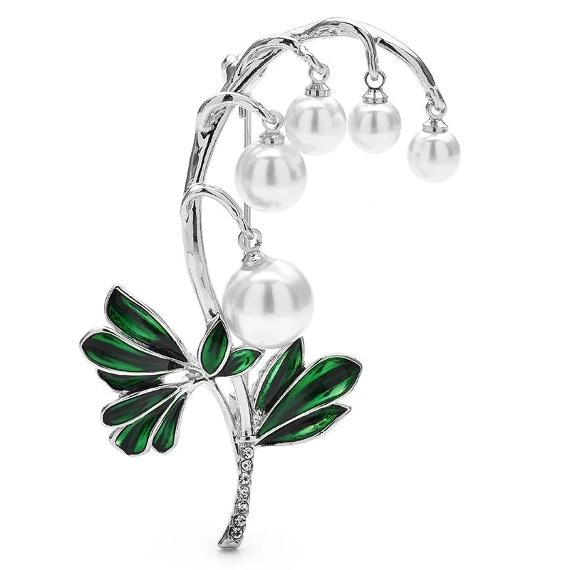 Pearl-Look Bell Flower Branch Brooch — Silver