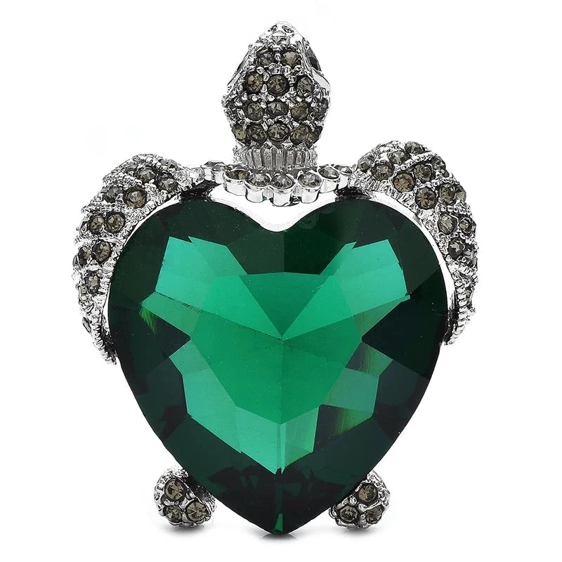Green Heart Crystal Sea Turtle Brooch — Emerald Green