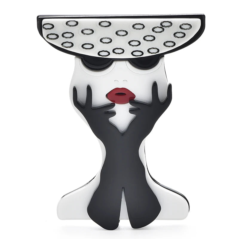Acrylic Woman with Hat and Bow Brooch — Black