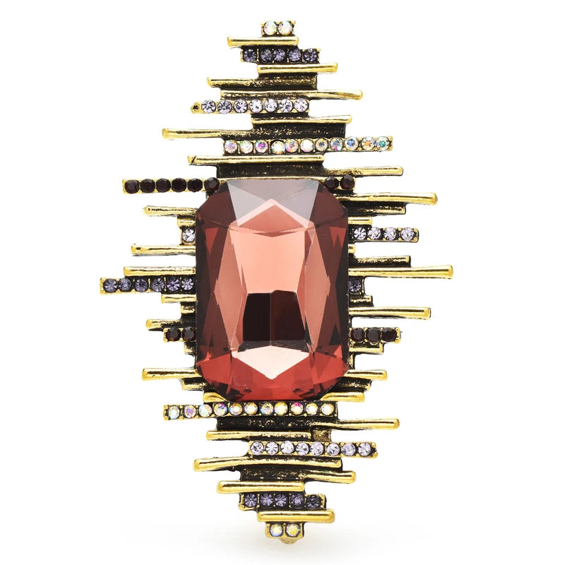 Geometric Sunburst with Faceted Center Brooch — Brown