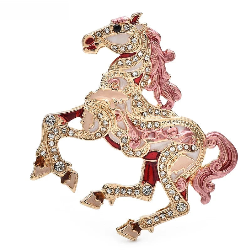 Colorful Jeweled Running Horse Brooch — Pink
