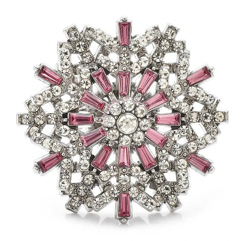 Jeweled Snowflake with Baguette Accents Brooch — Pink