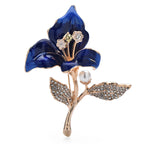 Enamel Orchid with Pearl-Look Stem Accent Brooch — Blue