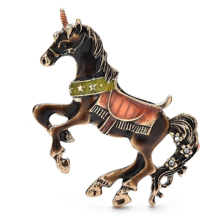 Rearing Enamel Horse with Saddle Brooch