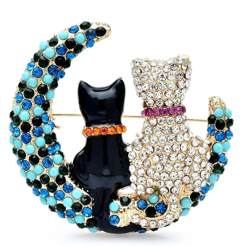 Moon Cats with Rhinestones Brooch — Moon Cats