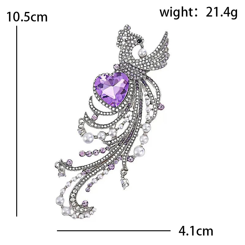 Long-Tailed Bird with Purple Heart Brooch — dimensions