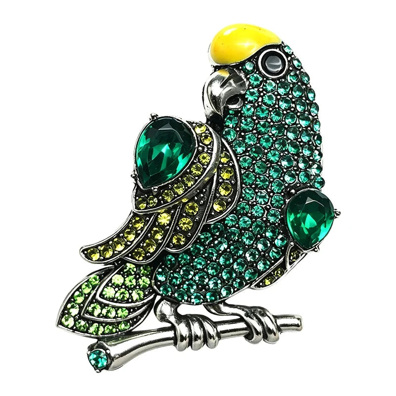 Vintage Rhinestone Parrot on Branch Brooch original white background product photo