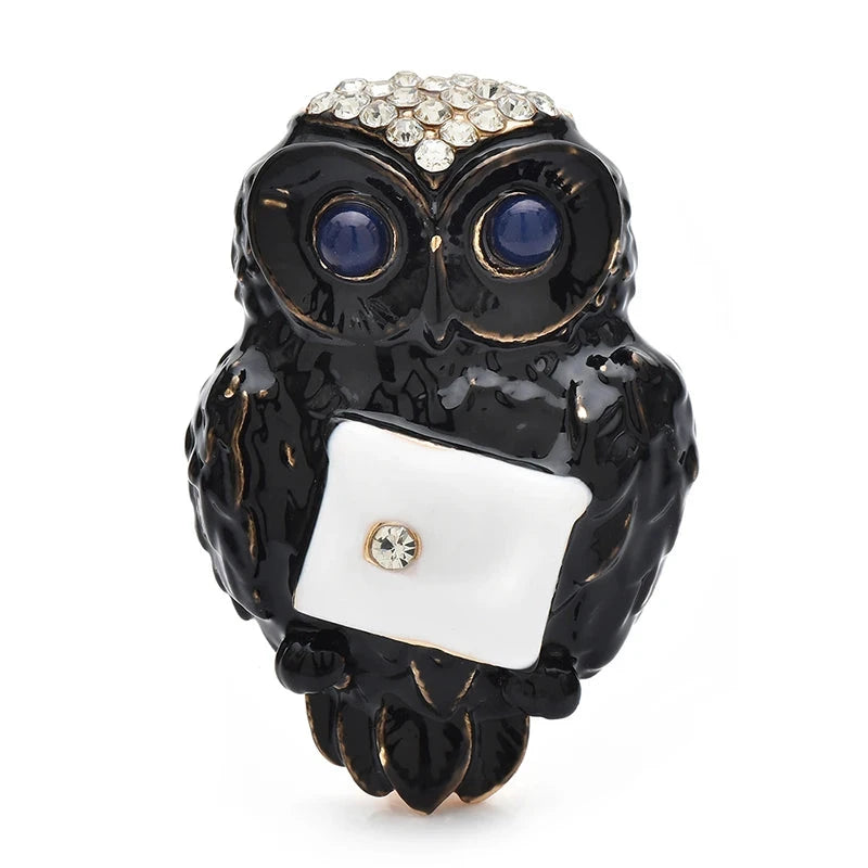 Enamel Owl with White Accent Brooch — Black