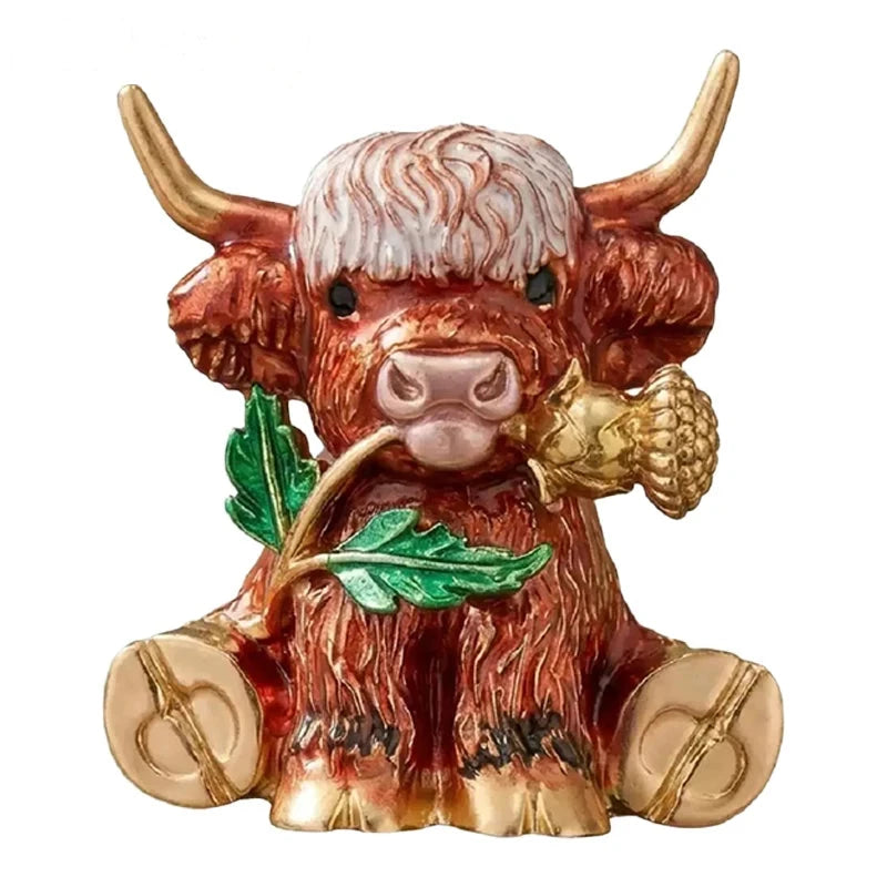 Highland Cow Holding a Thistle Brooch