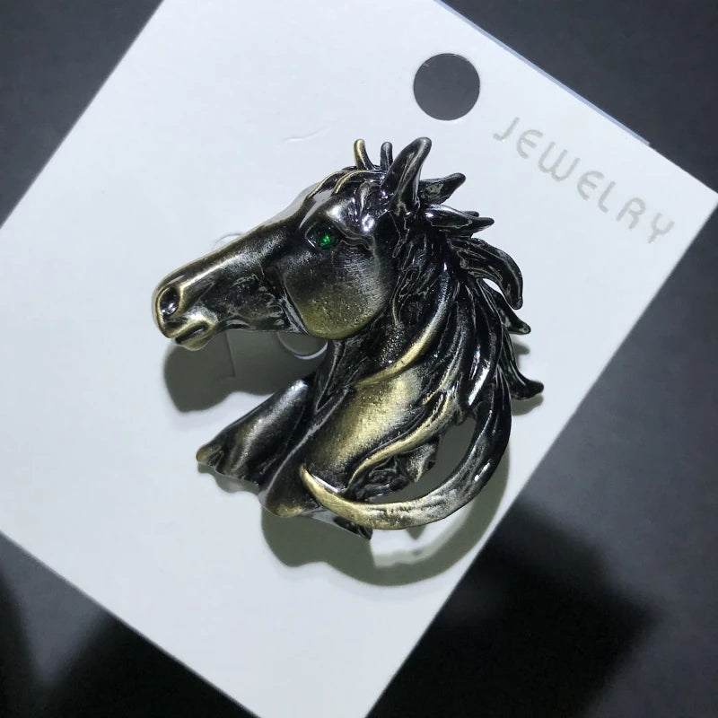 Sculptural Horse Head with Green Eye Brooch — Gold