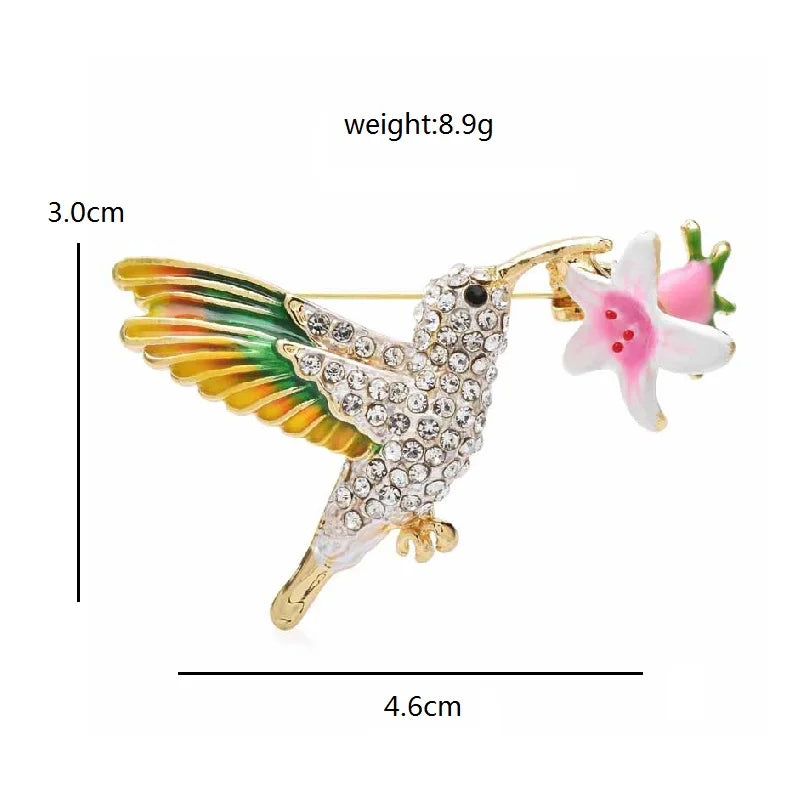 Enamel Hummingbird with Flower Brooch