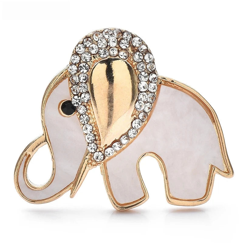 Rhinestone Elephant with Pearl-Look or Abalone-Look Inset Brooch — White & Gold