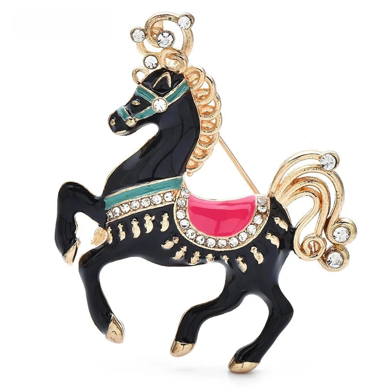 Jeweled Carousel Horse Brooch — Black