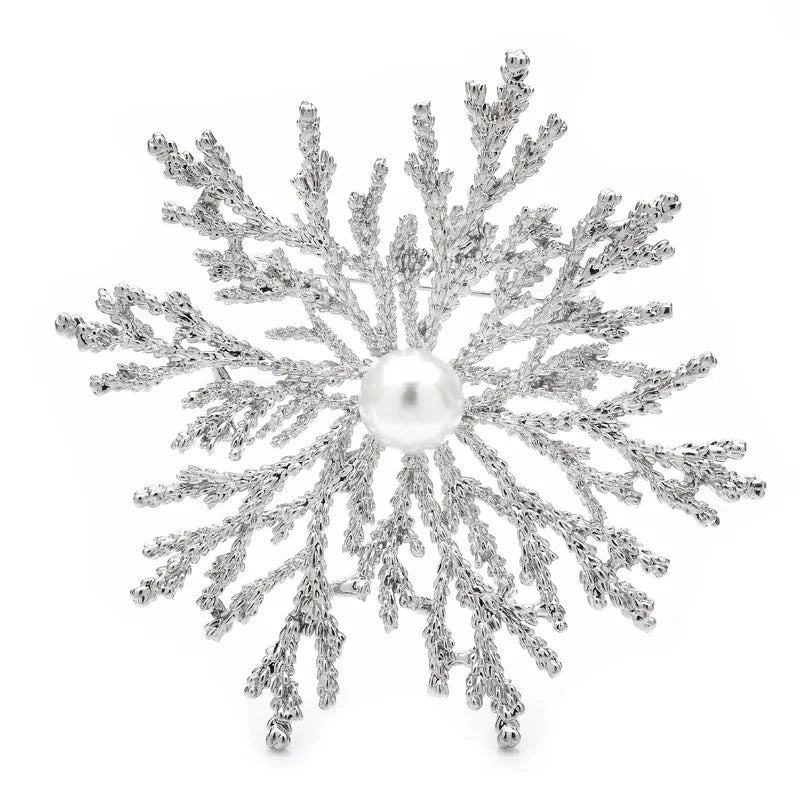 Textured Snowflake with Pearl-Look Center Brooch — Silver