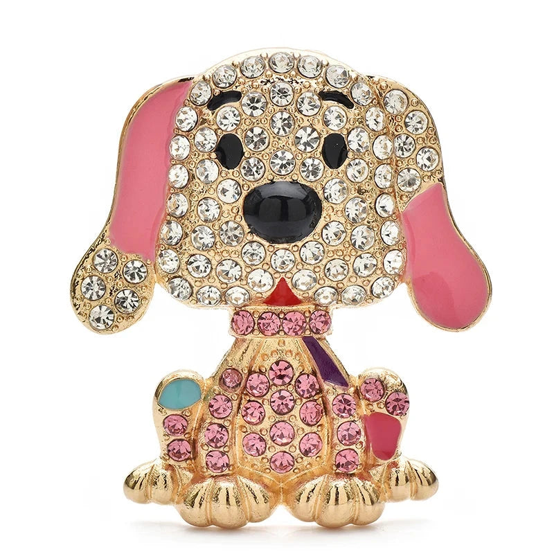 Jeweled Puppy with Enamel Ears Brooch — Pink