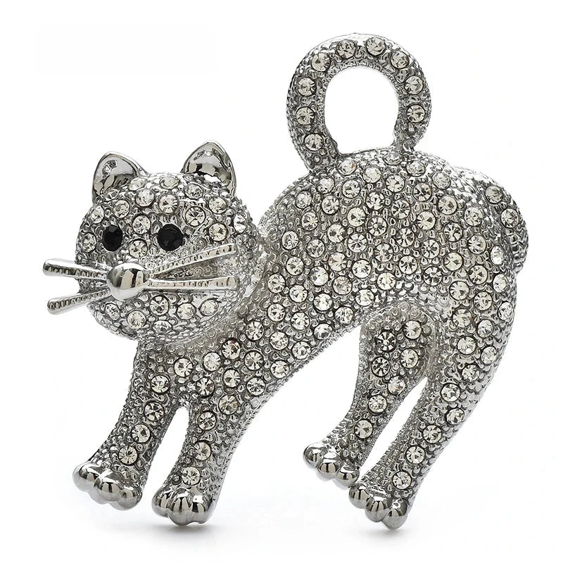 Arched-Back Rhinestone Cat Brooch — White