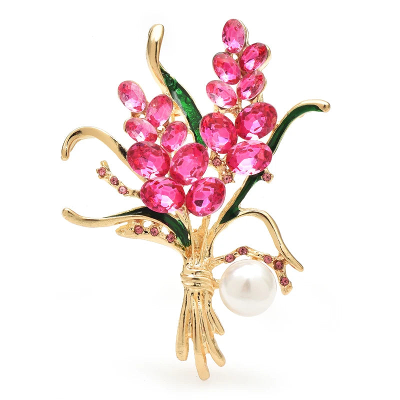 Jeweled Wheat Bouquet with Pearl-Look Drop Brooch — Pink