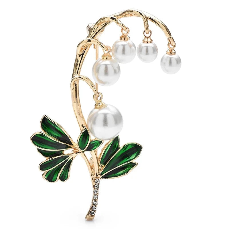 Pearl-Look Bell Flower Branch Brooch — Gold