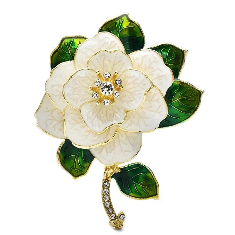 White Enamel Camellia with Green Leaves Brooch — White Camellia