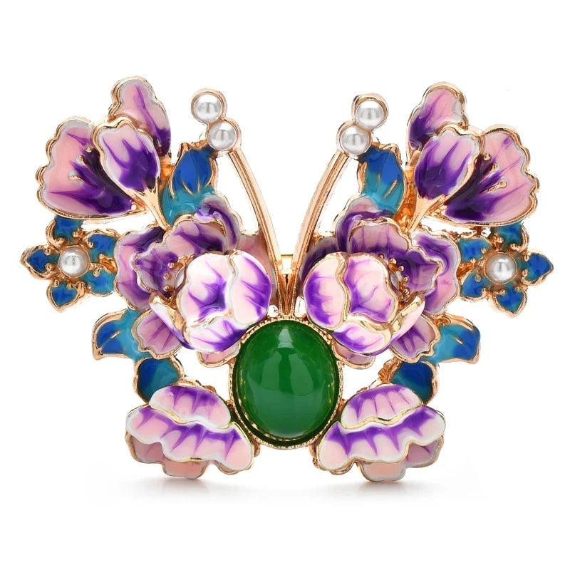 Peony Butterfly with Green Cabochon Brooch — Purple