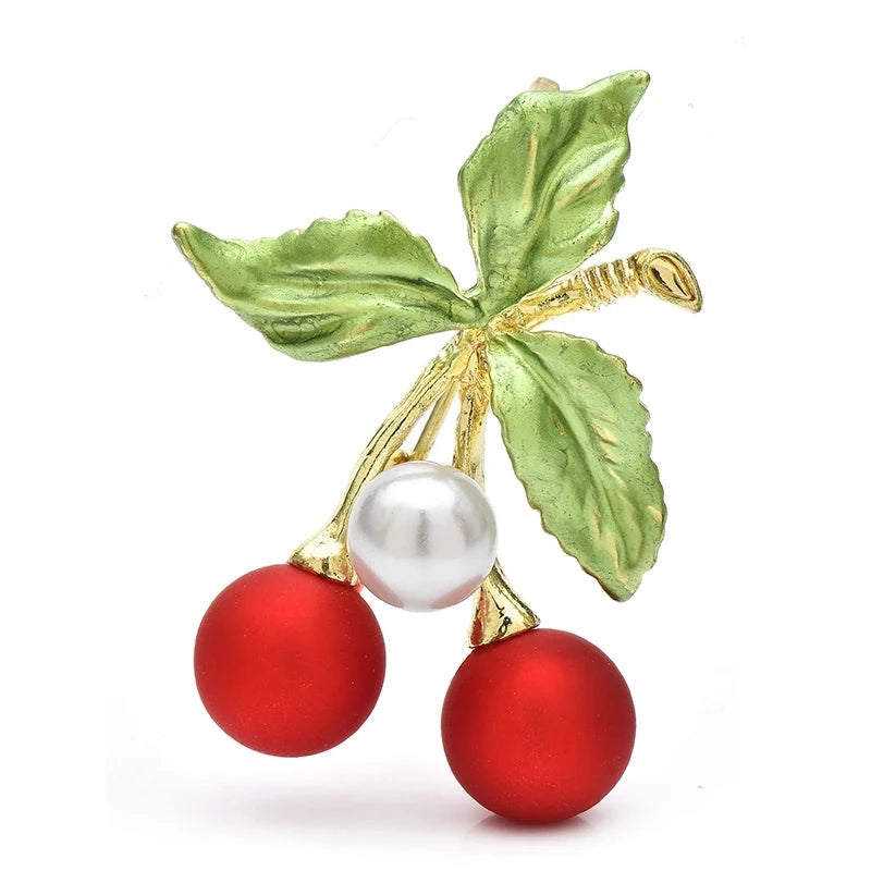 Red Cherry Pair with Pearl-Look Accent Brooch — Red Cherries & Pearl-Look Accent