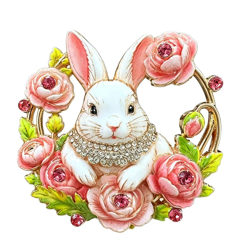 Rabbit in Rose Wreath Brooch original white background product photo