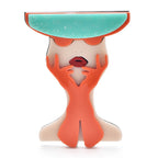 Acrylic Woman with Hat and Bow Brooch — Orange