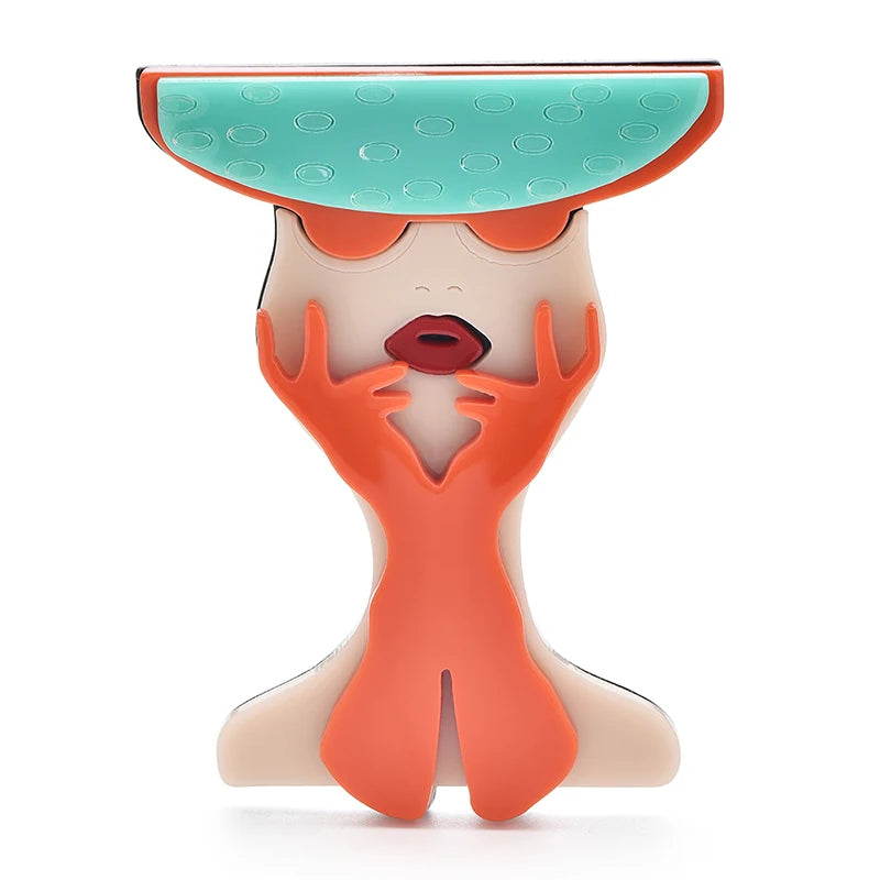Acrylic Woman with Hat and Bow Brooch — Orange