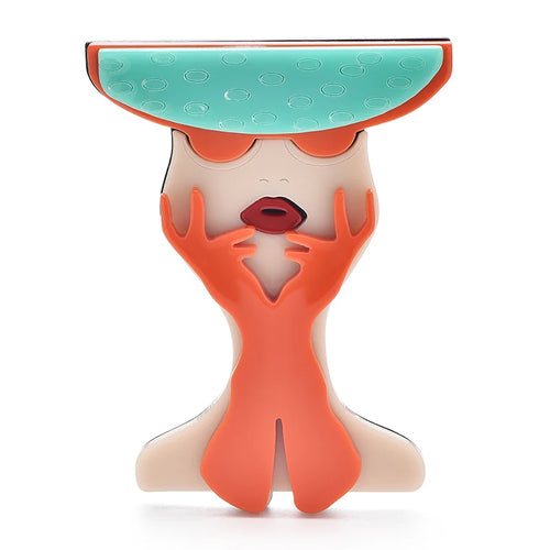 Acrylic Woman with Hat and Bow Brooch — Orange