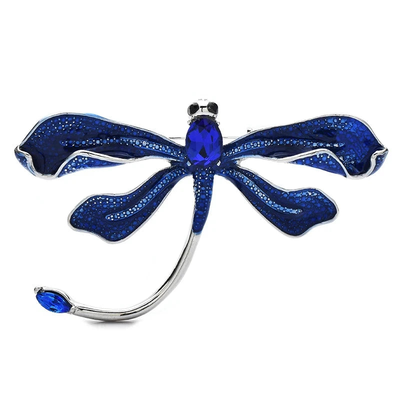 Enamel Dragonfly with Curved Tail Brooch — Blue