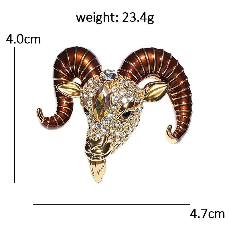 Sparkling Ram Head with Ridged Horns Brooch