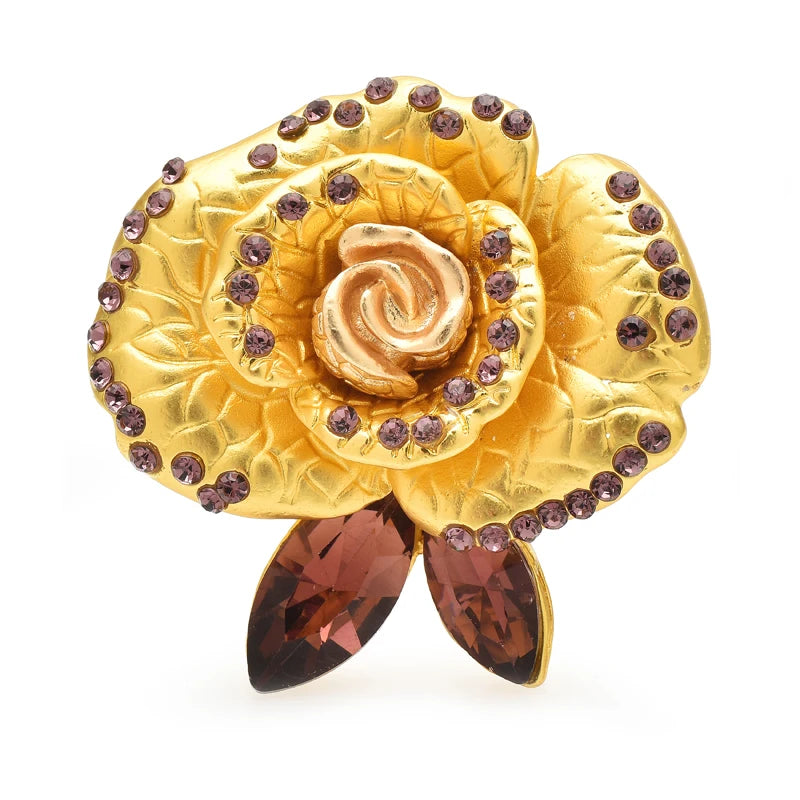 Layered Enamel Rose with Rhinestone Trim Brooch — Golden Yellow