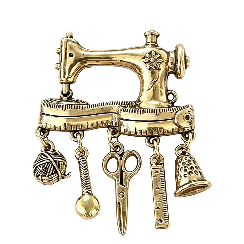 Vintage Sewing Machine with Dangle Charms Brooch original white background product photo