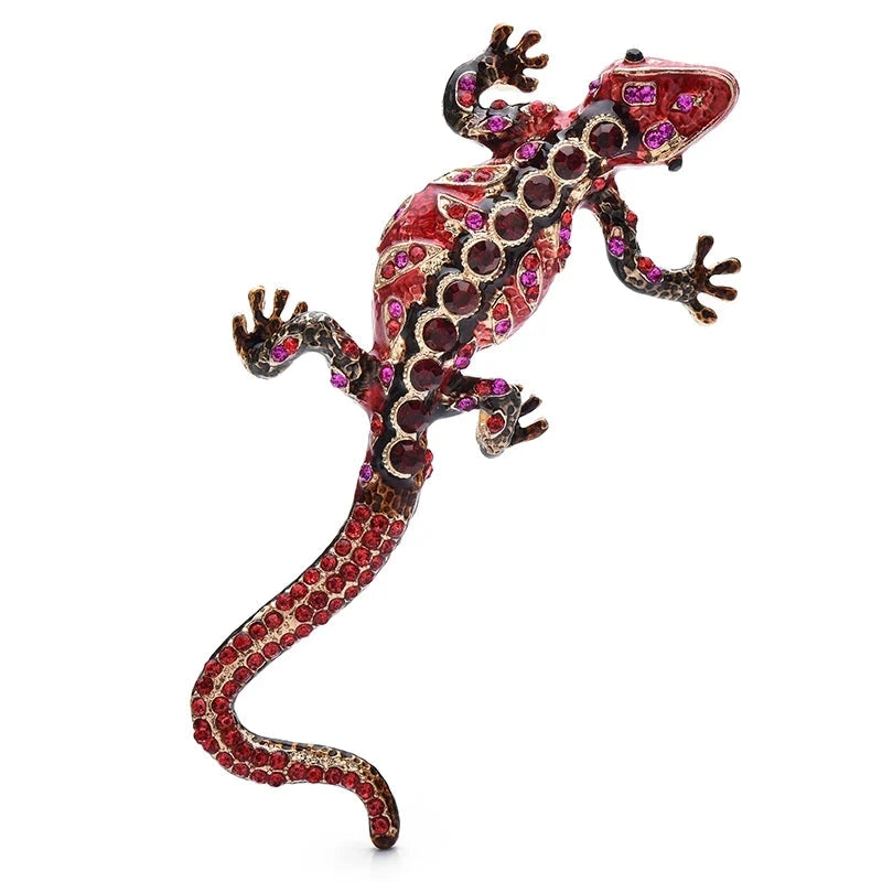Patterned Enamel Gecko with Rhinestone Details Brooch — Red