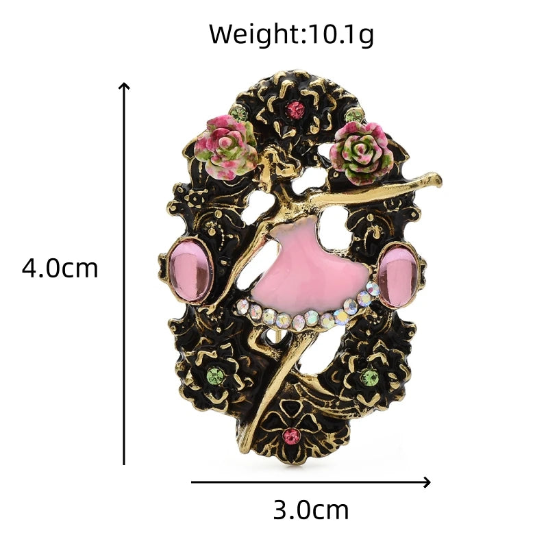 Pink Enamel Ballerina in Floral Frame Brooch dimensions and weight