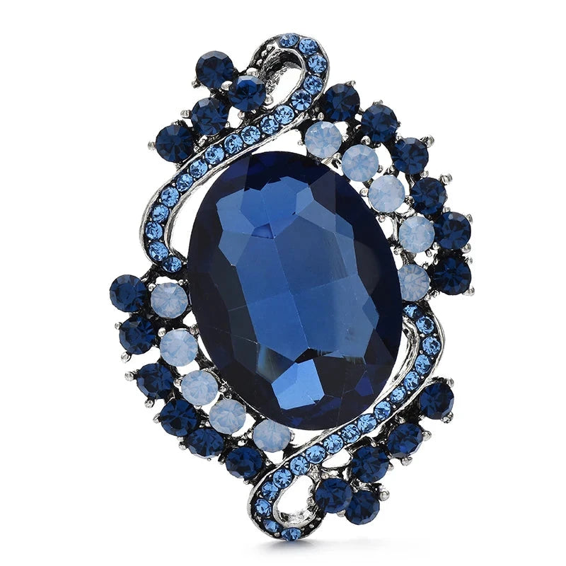 Vintage-Style Faceted Oval with Ribbon Frame Brooch — Blue